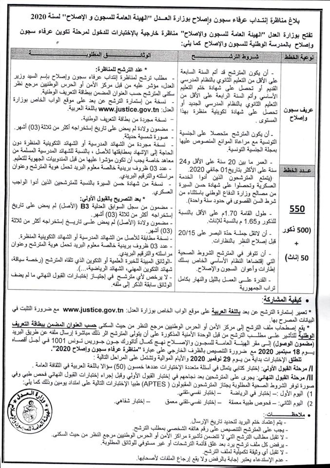 Ø¨Ù„Ø§Øº ÙØªØ­ Ù…Ù†Ø§Ø¸Ø±Ø© Ø¥Ù†ØªØ¯Ø§Ø¨ 550 Ø¹Ø±ÙØ§Ø¡ Ø³Ø¬ÙˆÙ† ÙˆØ¥ØµÙ„Ø§Ø­ Ø¨Ø§Ù„Ù‡ÙŠØ¦Ø© Ø§Ù„Ø¹Ø§Ù…Ø© Ù„Ù„Ø³Ø¬ÙˆÙ† ÙˆØ§Ù„Ø¥ØµÙ„Ø§Ø­ Ù„Ø³Ù†Ø© 2020 Concours En Tunisie 2021