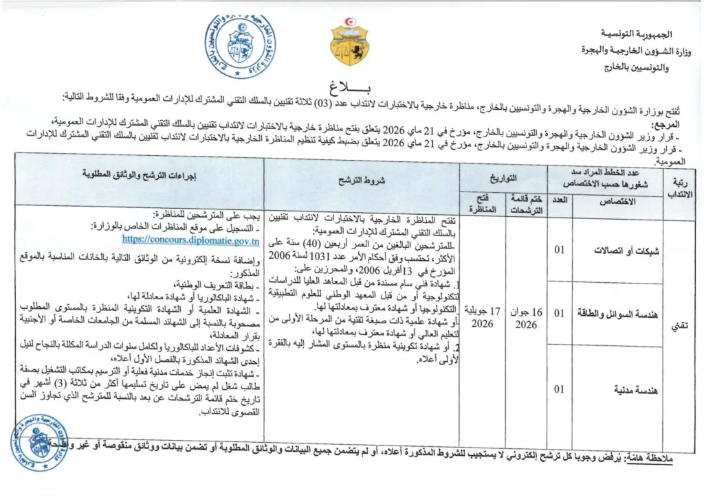 وزارة الشؤون الخارجية تفتح مناظرة لانتداب 12 إطارًا هندسيًا وتقنيًا بالإدارات العمومية – بداية التسجيل 15 جويلية 2026 4
