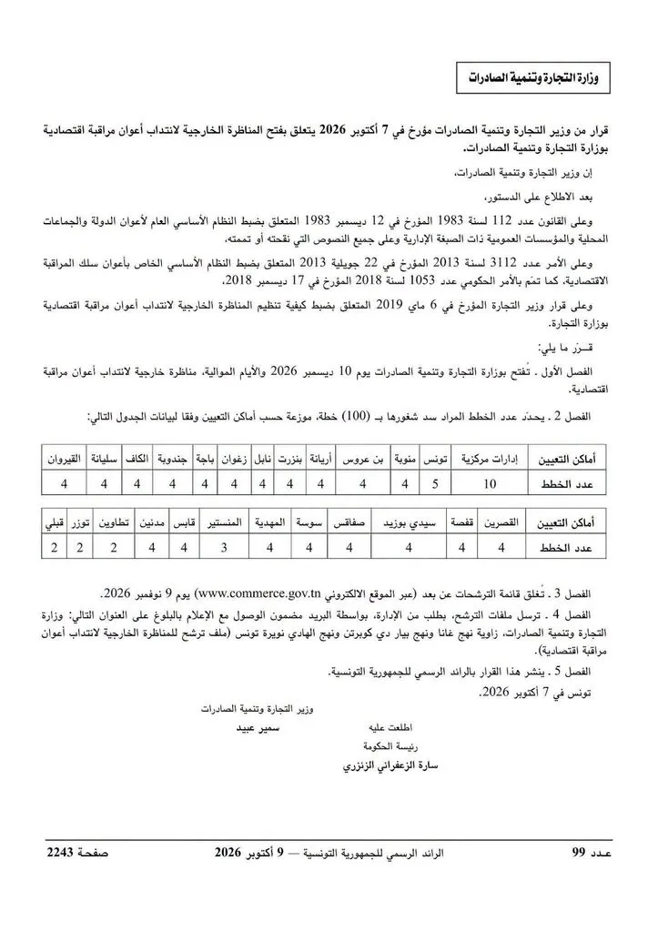 القرار الرسمي لمناظرة وزارة التجارة 2026 لانتداب 100 عون مراقبة اقتصادية